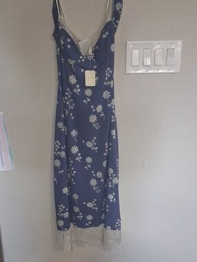 Free People Navy Blue Floral Slip Dress with Cream Lace Trim